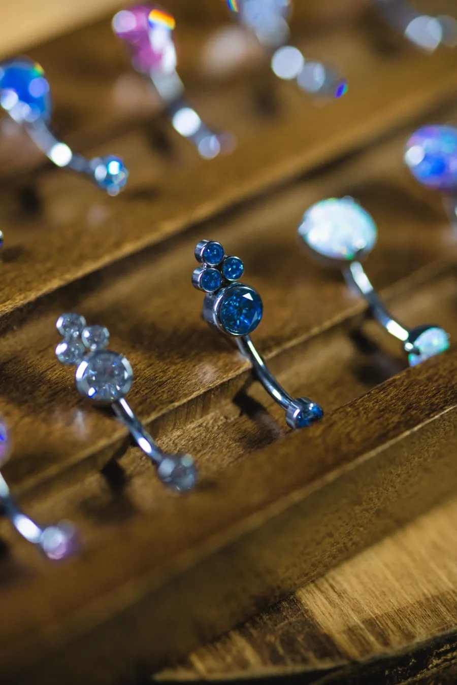 Blue crystal cluster belly ring